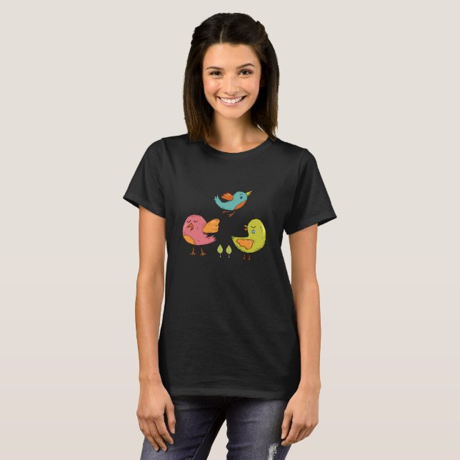 Colourful Cute Whimsical Birds Trio T-Shirt (Front Full)