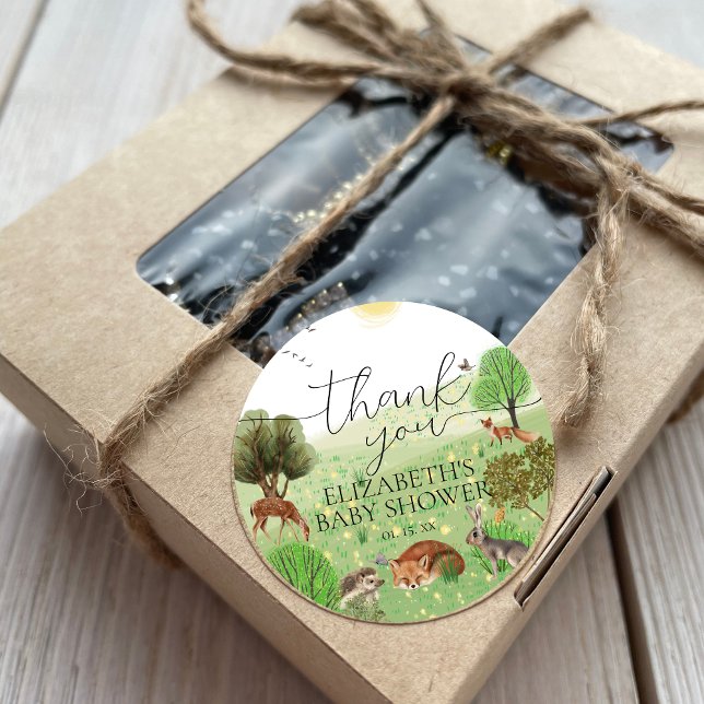 Colourful Cute Woodland Animals Script Thank You Classic Round Sticker (Creator Uploaded)