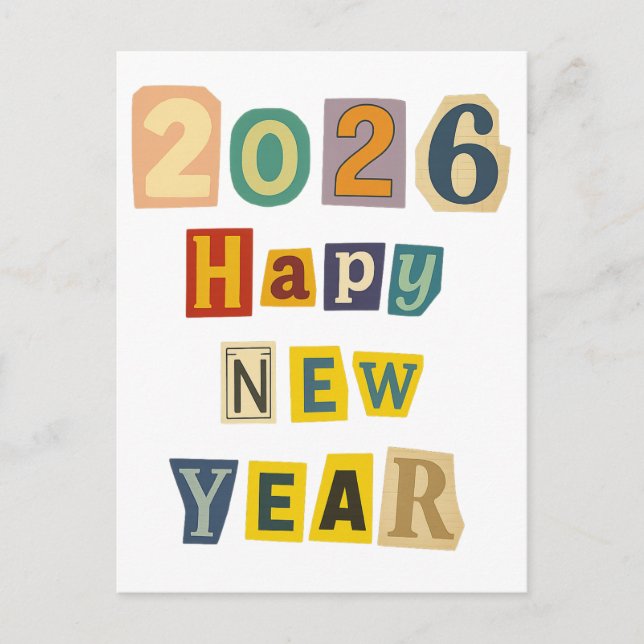 Colourful Cutout "2026 Happy New Year" Collage Invitation Postcard (Front)