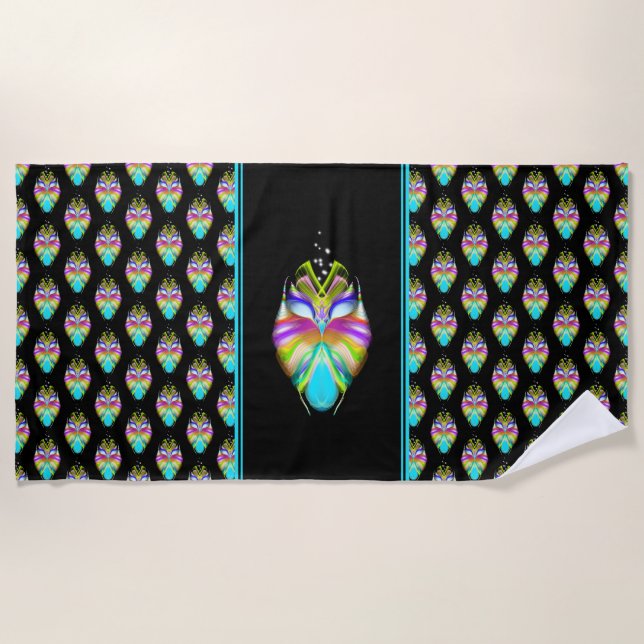 Colourful Cyan and Black Oracle Owl Beach Towel (Front)