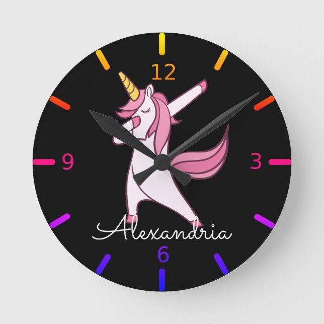 Colourful Dabbing Unicorn Round Clock (Front)