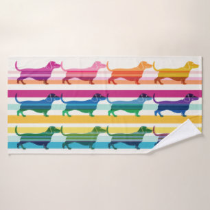 Colourful Dachshund Pattern Retro Stripes Bath Towel