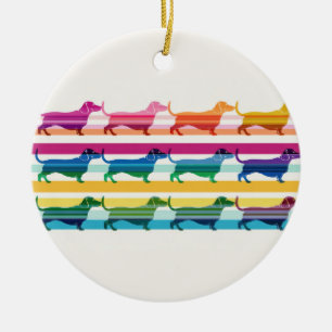 Colourful Dachshund Pattern Retro Stripes Ceramic Tree Decoration