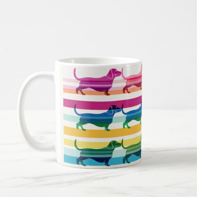 Colourful Dachshund Pattern Retro Stripes Coffee Mug (Left)