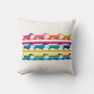 Colourful Dachshund Pattern Retro Stripes Cushion