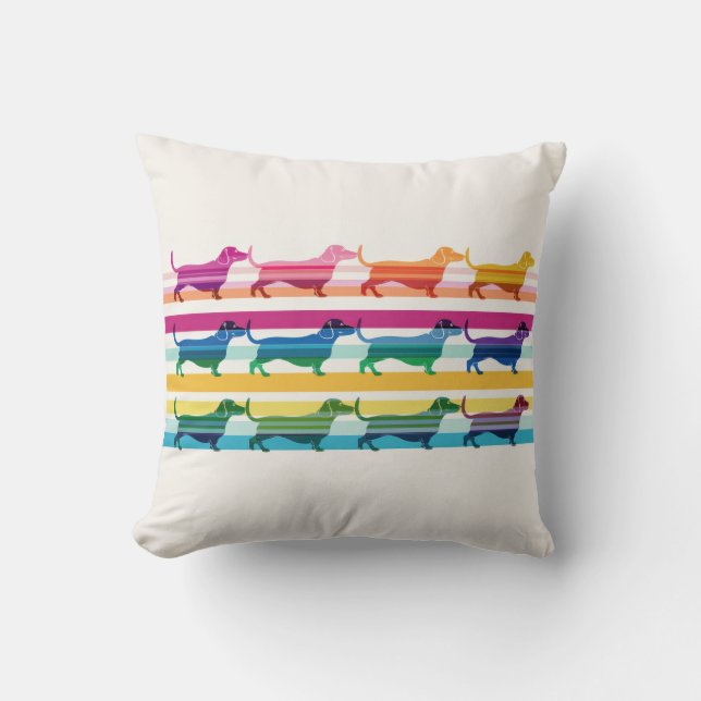 Colourful Dachshund Pattern Retro Stripes Cushion (Front)