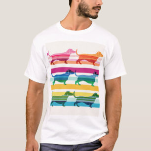 Colourful Dachshund Pattern Retro Stripes T-Shirt