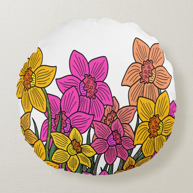 Colourful Daffodils Flowers Design Round Cushion (Front)