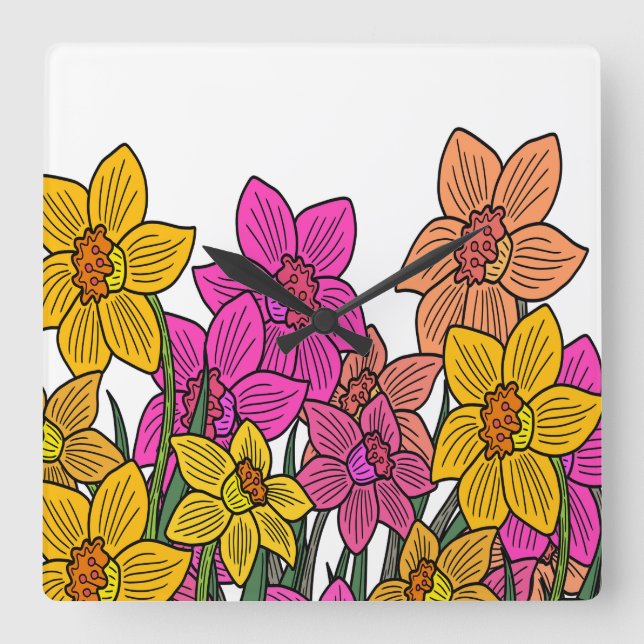 Colourful Daffodils Flowers Design Square Wall Clock (Front)