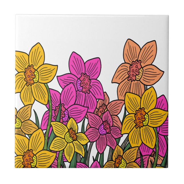 Colourful Daffodils Flowers Design Tile (Front)