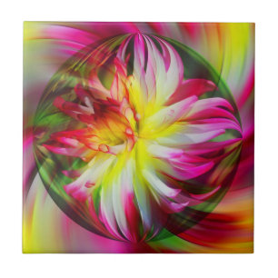 Colourful Dahlia Floral Abstract Art Tile