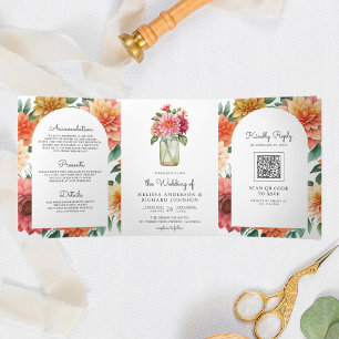Colourful Dahlia Floral Mason Jar QR Code Wedding Tri-Fold Invitation