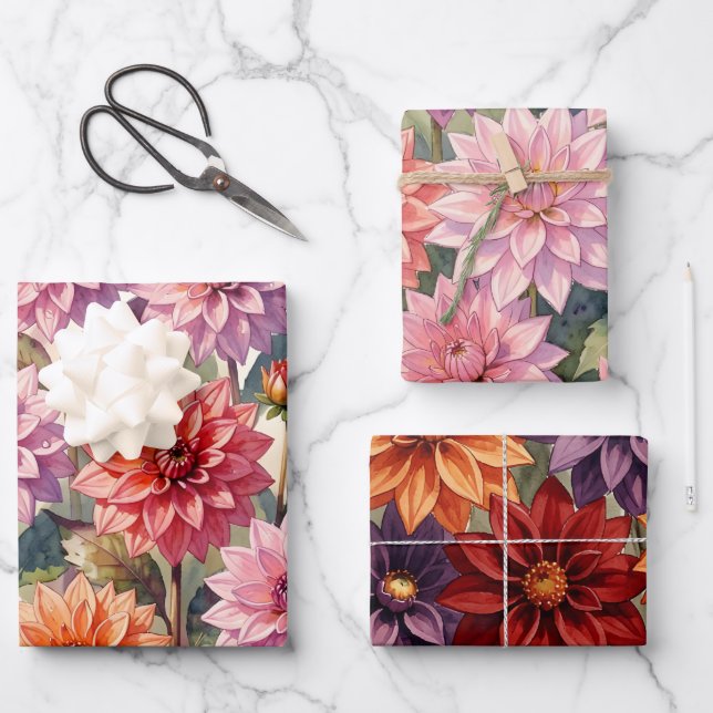 Colourful Dahlia Floral Spring Botanical Wrapping Paper Sheet (Front)