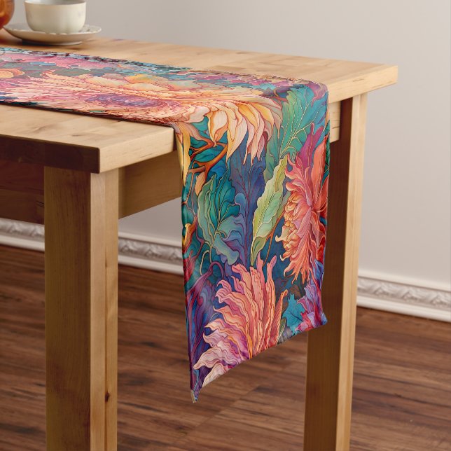 Colourful Dahlia Floral Tapestry Short Table Runner (In Situ)