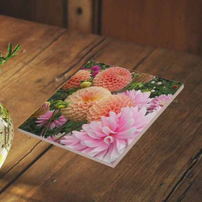 Colourful Dahlia Garden Floral Tile (In Situ)