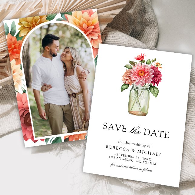 Colourful Dahlia Mason Jar Photo Wedding Save The Date (Creator Uploaded)