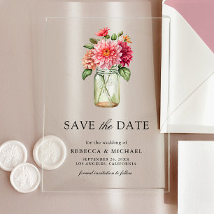 Colourful Dahlia Mason Jar Wedding Save the Date Acrylic Invitations