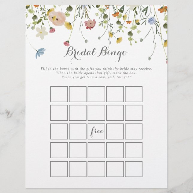 Colourful Dainty Wild Flowers Bridal Bingo Game (Front)