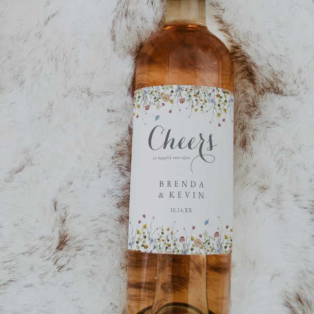 Colourful Dainty Wild Flowers Cheers Wedding  Wine Label (Creator Uploaded)