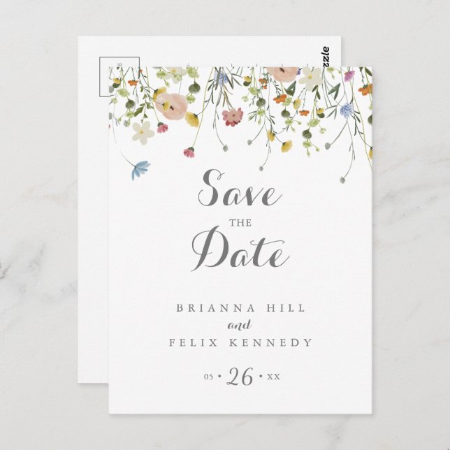 Colourful Dainty Wild Flowers Save the Date Postcard (Front/Back)
