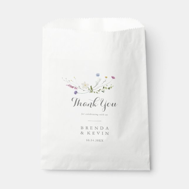 Colourful Dainty Wild Flowers Thank You Wedding Favour Bags (Front)