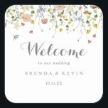 Colourful Dainty Wild Flowers Wedding Welcome Square Sticker<br><div class="desc">This colourful dainty wild flowers wedding welcome square sticker is perfect for a rustic wedding. The design features hand-painted watercolor beautiful pink,  blush,  blue,  navy,  yellow,  purple and green wild flowers.

These labels are perfect for hotel guest welcome bags and destination weddings.</div>