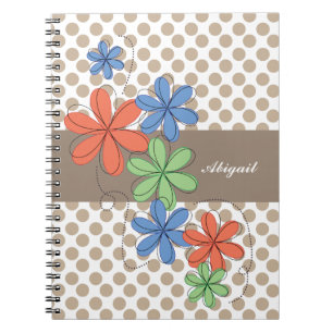 Colourful daisies, brown polka dots, personalised notebook