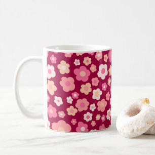 Colourful Daisies Floral Retro Pattern Pink Red Coffee Mug