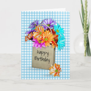 Colourful Daisies In Brown Bag Card