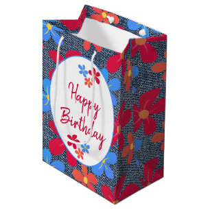 Colourful Daisies On Blue Jean Denim Medium Gift Bag
