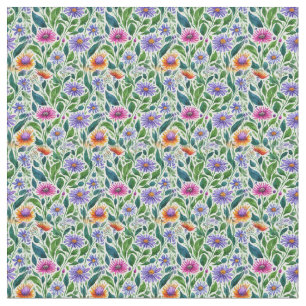 Colourful Daisies on Green Fabric