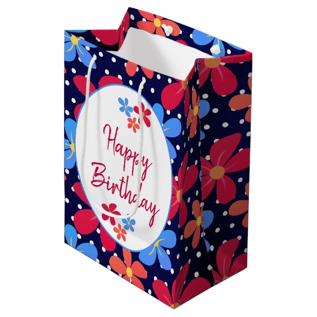 Colourful Daisies On Polka Dots Medium Gift Bag (Front Angled)