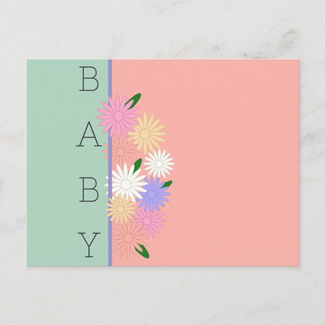 Colourful Daisies on Soft Peach & Jungle Mist Baby Postcard (Front)