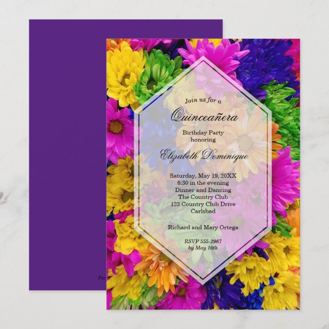 Colourful Daisies Quinceañera Birthday Invitations (Front/Back)