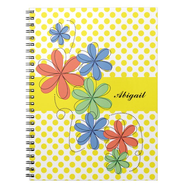 Colourful daisies, yellow polka dots, personalised notebook (Front)