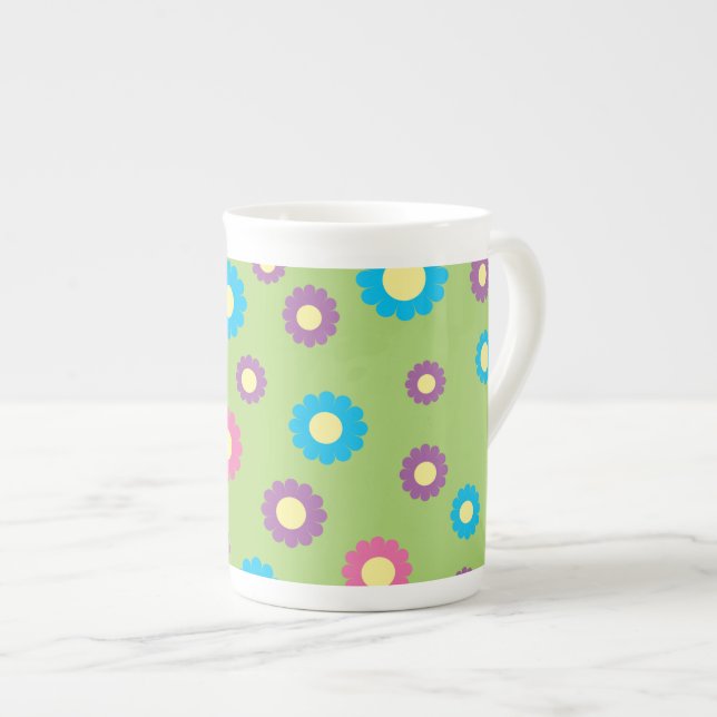 Colourful daisy art pattern bone china mug (Front Right)