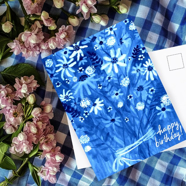 Colourful Daisy Bouquet Blue  Birthday Postcard (Colorful Daisy Bouquet Blue Happy Birthday Postcard
)