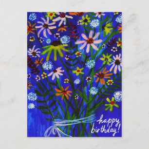 Colourful Daisy Bouquet Blue Colourful Birthday Postcard