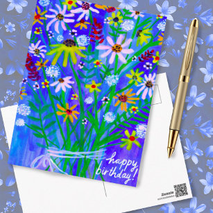 Colourful Daisy Bouquet Blue Happy Birthday Custom Postcard