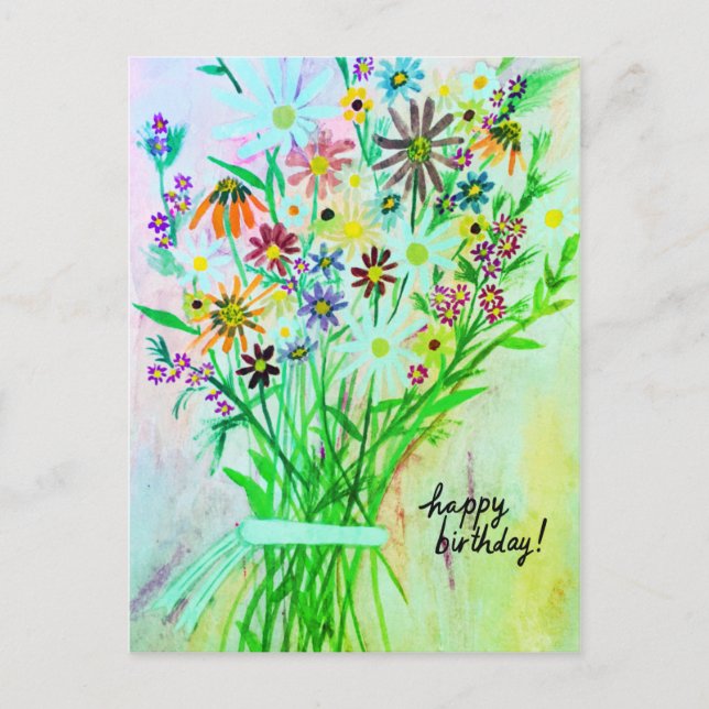 Colourful Daisy Bouquet Happy Birthday Green Postcard (Front)