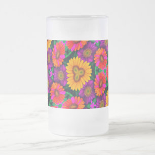 Colourful Daisy Bouquet Pattern Frosted Glass Beer Mug