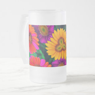 Colourful Daisy Bouquet Pattern Frosted Glass Beer Mug