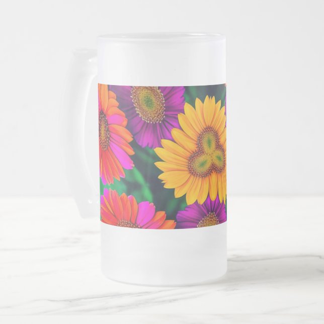 Colourful Daisy Bouquet Pattern Frosted Glass Beer Mug (Front Left)