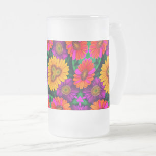Colourful Daisy Bouquet Pattern Frosted Glass Beer Mug