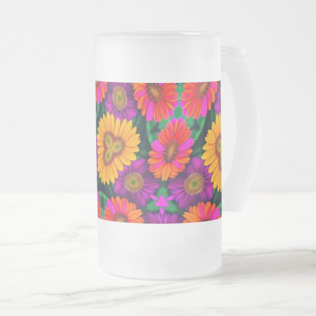 Colourful Daisy Bouquet Pattern Frosted Glass Beer Mug (Front Right)