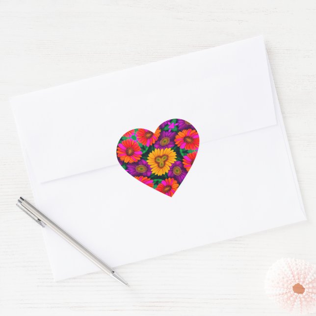 Colourful Daisy Bouquet Pattern Heart Sticker (Envelope)