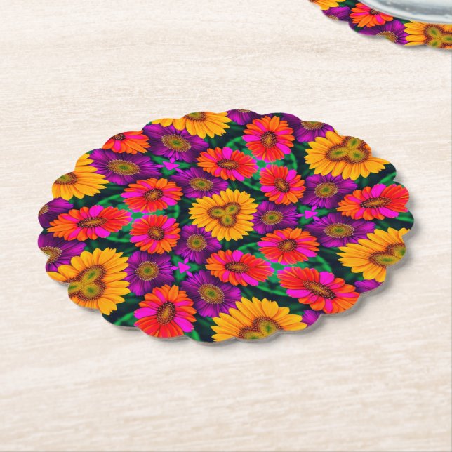 Colourful Daisy Bouquet Pattern Paper Coaster (Angled)