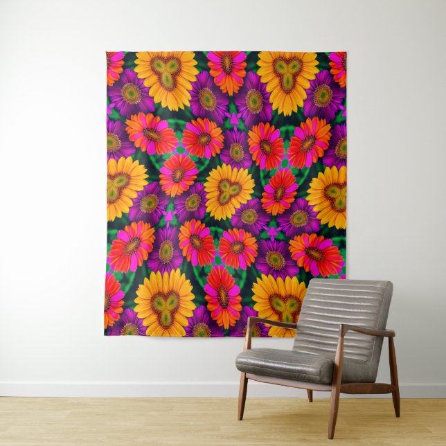 Colourful Daisy Bouquet Pattern Tapestry (In Situ)