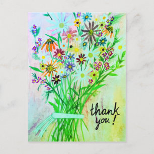 Colourful Daisy Bouquet Thank You Green Postcard