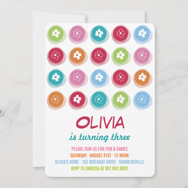 Colourful Daisy Flower Dots Girl Birthday Invite (Front)